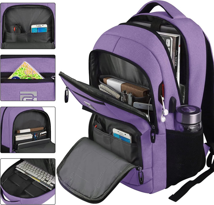 Black unisex anti-theft backpack, slim profile & external USB charging port.