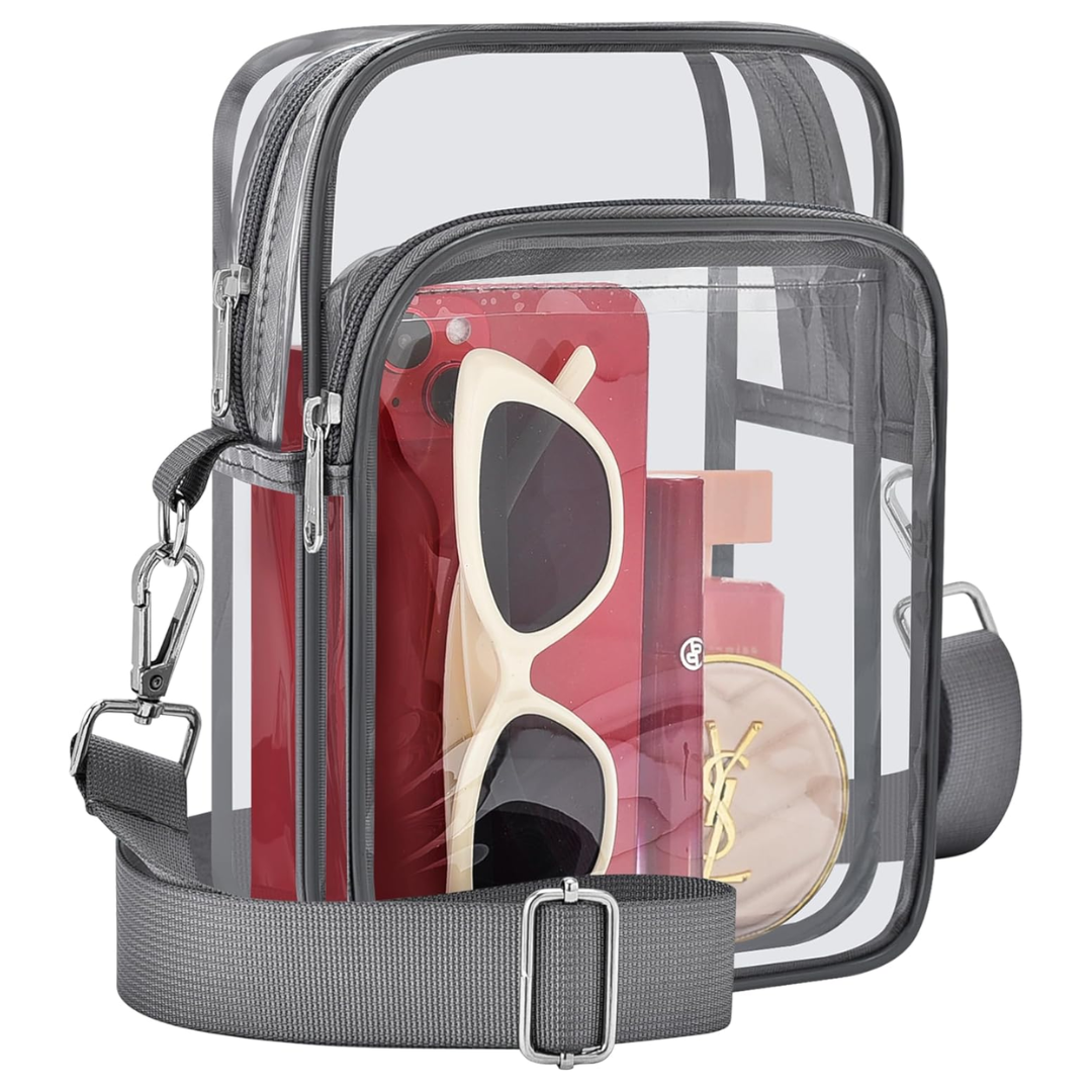 MiniVue small transparent PVC crossbody handbag for women, a stylish clear purse with an adjustable strap.