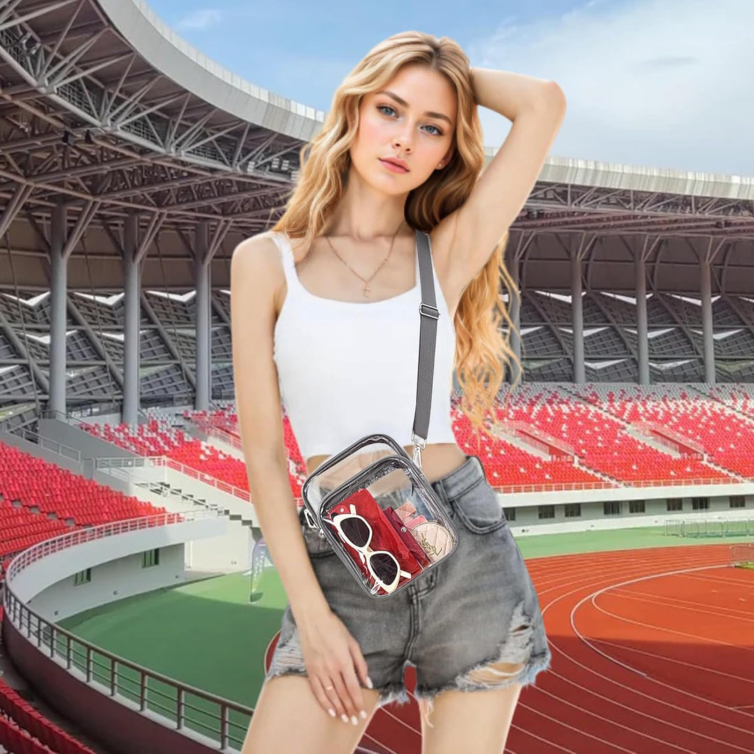 Versatile women's transparent crossbody purse, a small clear PVC handbag with an adjustable & removable strap.