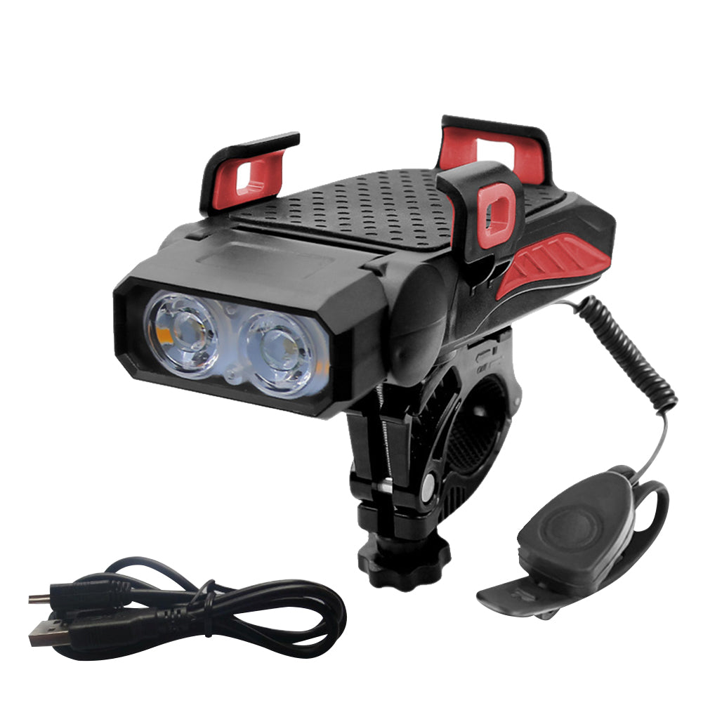 Tech gadget: black 4-in-1 phone holder, power bank, flashlight, and charging dock for bicycles
