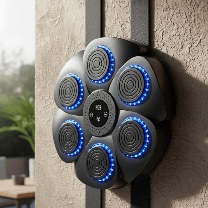 Smart boxing machine with dynamic RGB lights & Bluetooth music for interactive home fitness workouts.