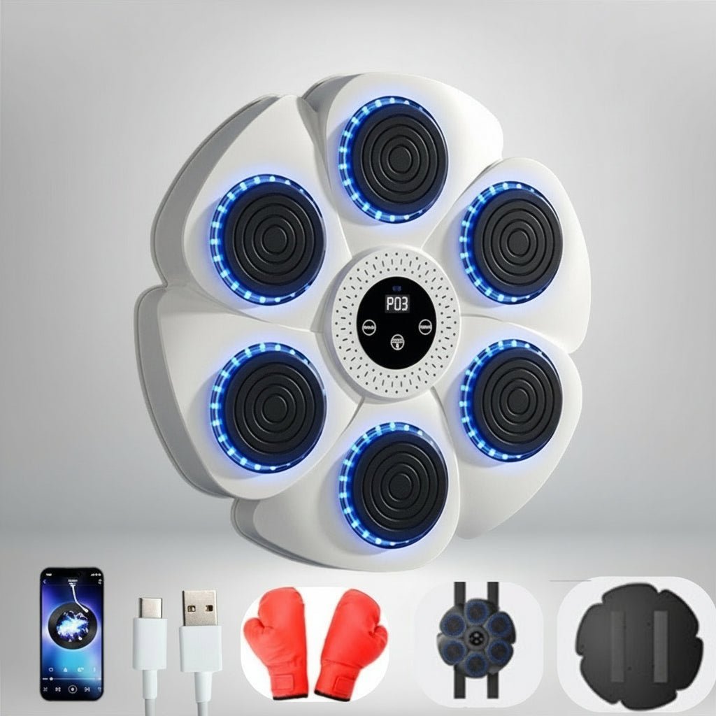 Wall-mounted smart boxing machine with Bluetooth music & dynamic RGB lights, perfect for home gym & stress relief.