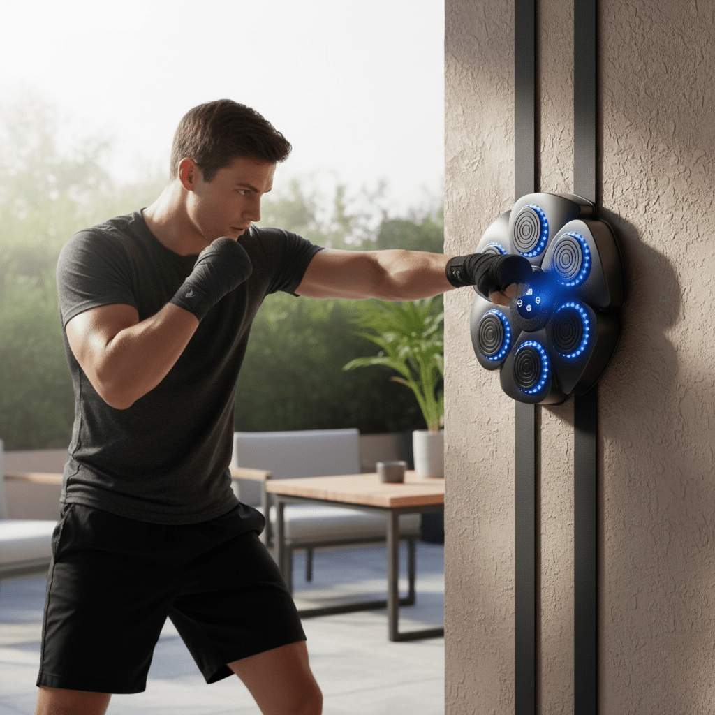 Wall-mounted smart boxing machine for home gym, interactive workout with Bluetooth music & dynamic RGB lights.