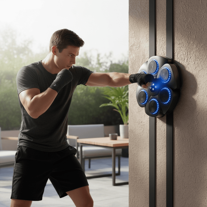 Wall-mounted smart boxing machine for home gym, interactive workout with Bluetooth music & dynamic RGB lights.