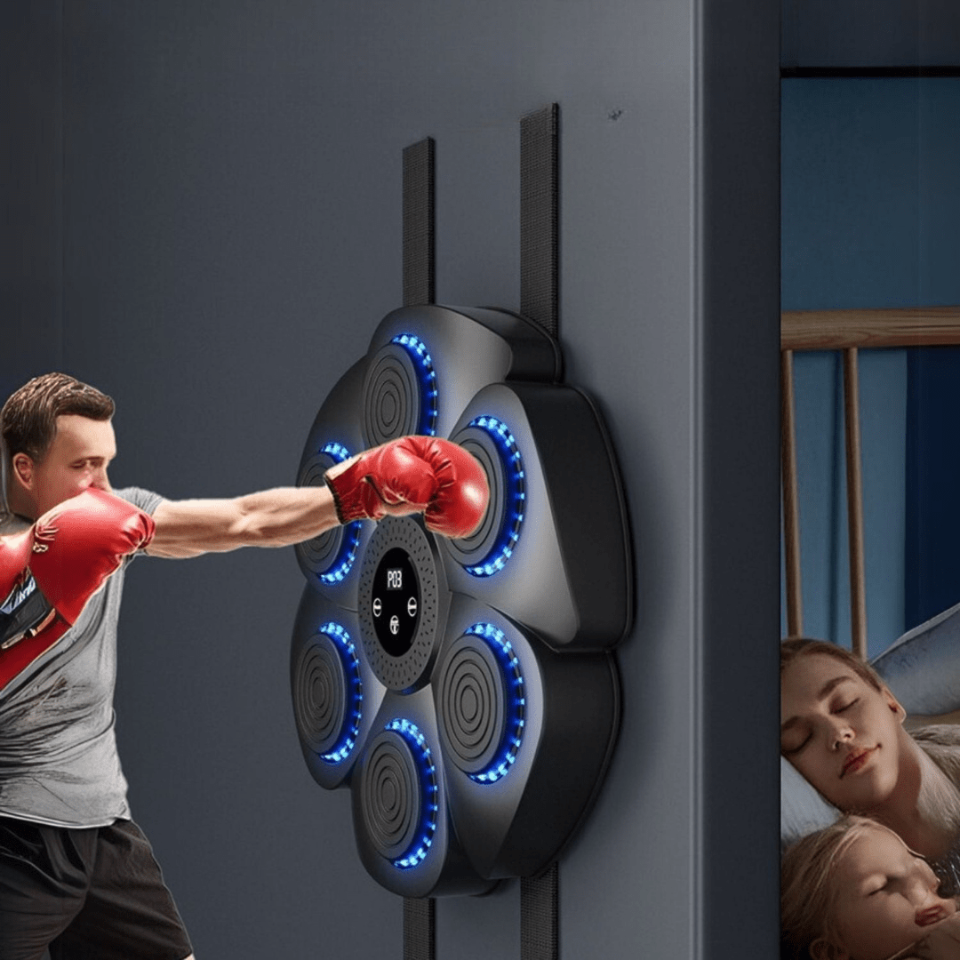 High-tech smart boxing machine, interactive workout, dynamic RGB lights & Bluetooth music for all ages.