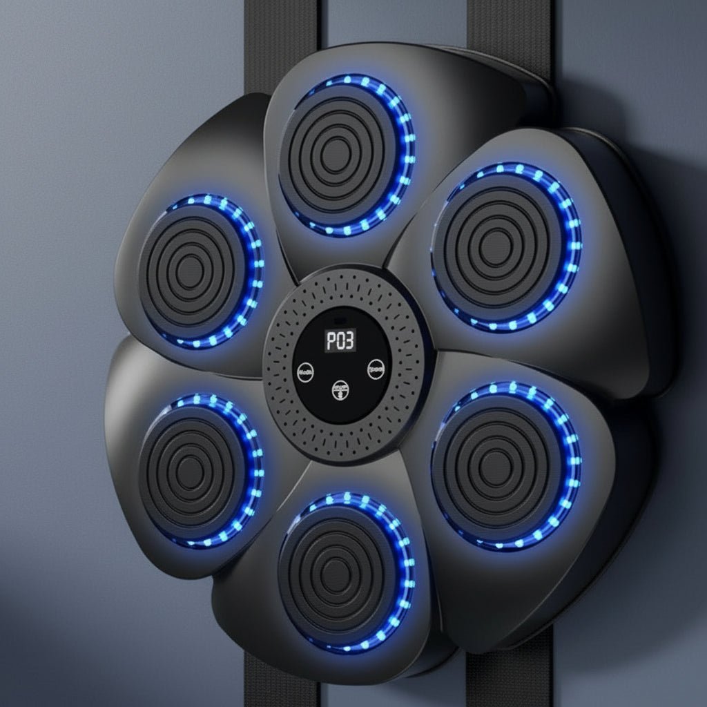 Compact smart boxing machine for home fitness, Bluetooth music, RGB lights for engaging boxing workouts.