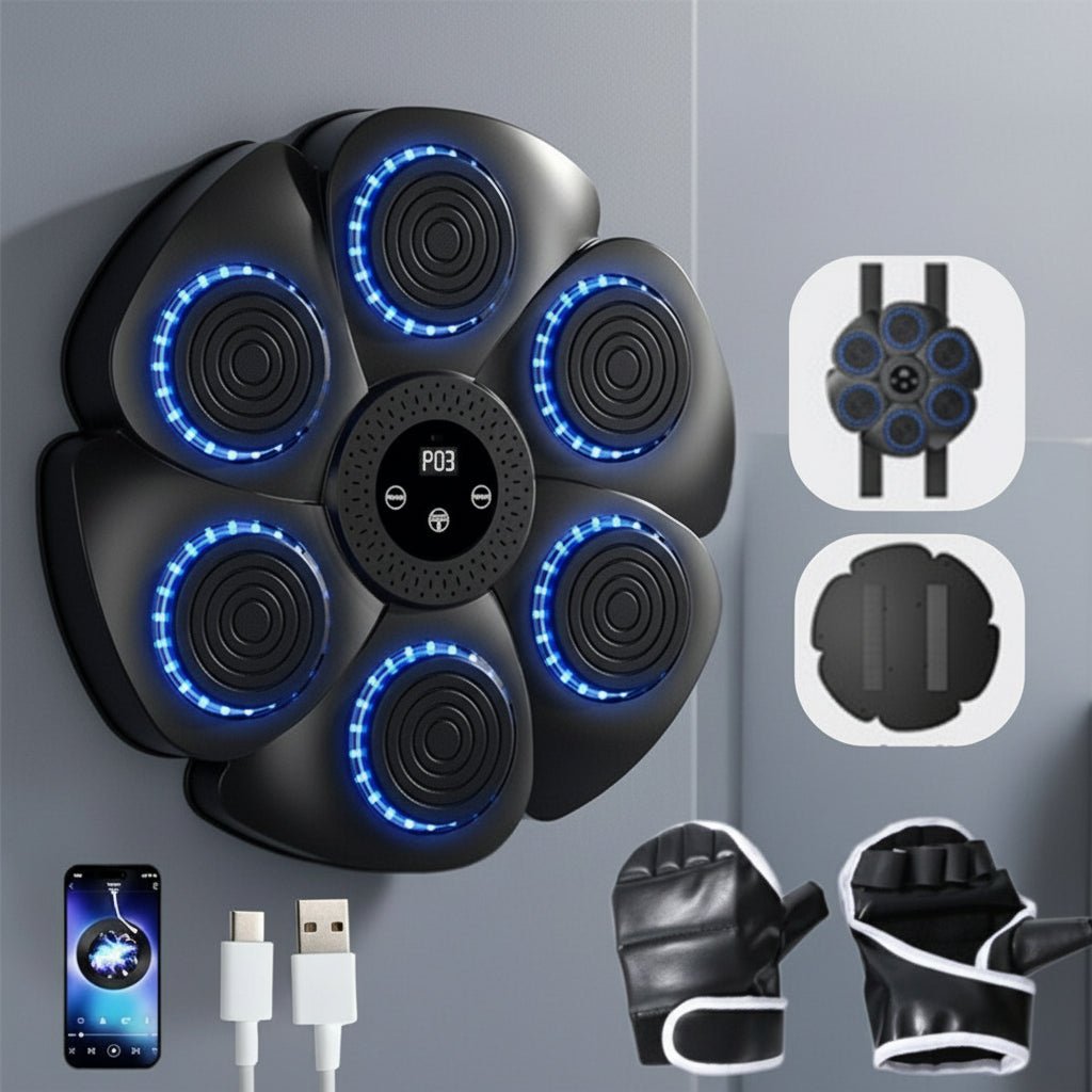 Improve boxing skills with a smart wall-mounted machine, interactive lights & Bluetooth music for home training.
