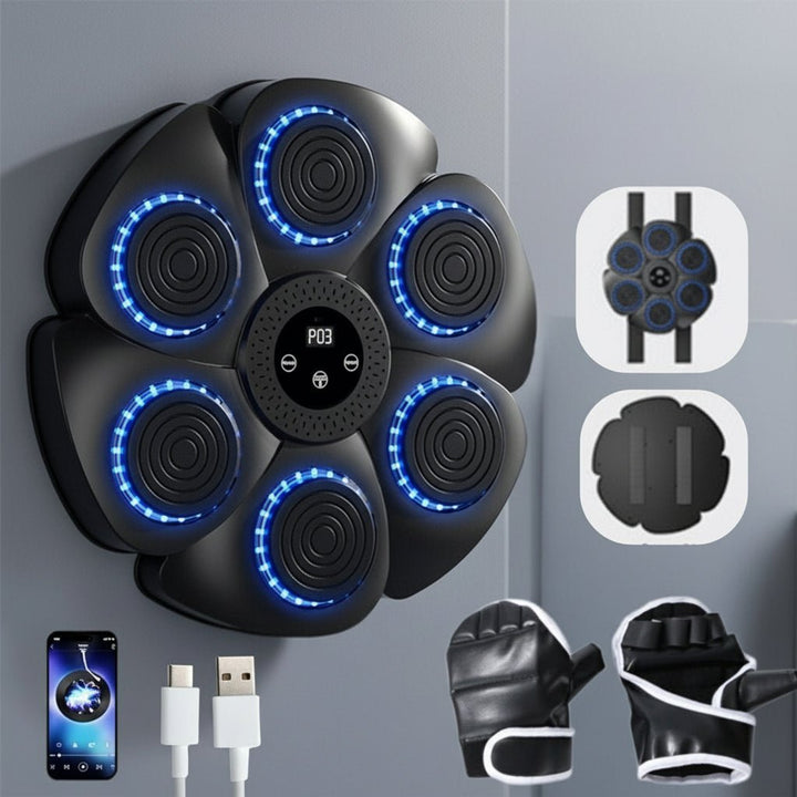 Improve boxing skills with a smart wall-mounted machine, interactive lights & Bluetooth music for home training.