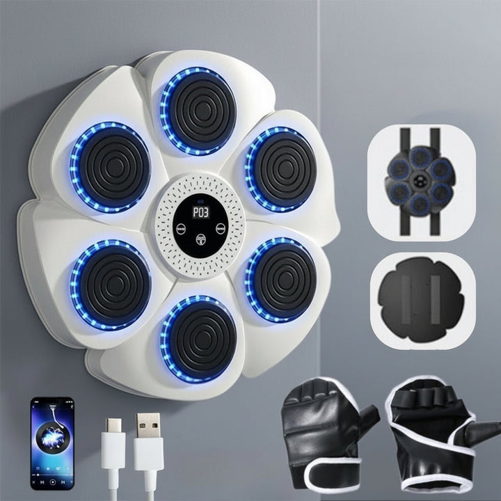 Energetic smart boxing workout machine, RGB lights pulse to Bluetooth music, great for cardio & home training.