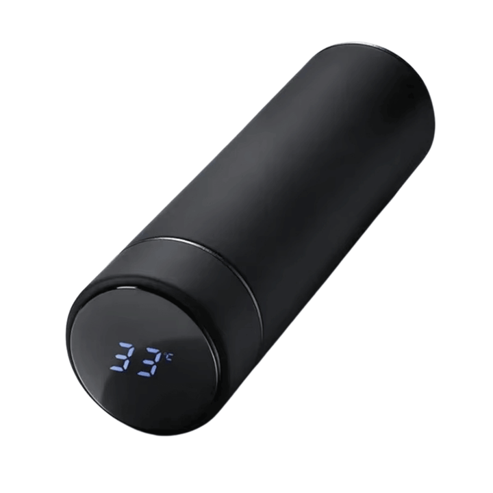 Close-up of smart thermos digital temperature display on a sleek stainless steel bottle.