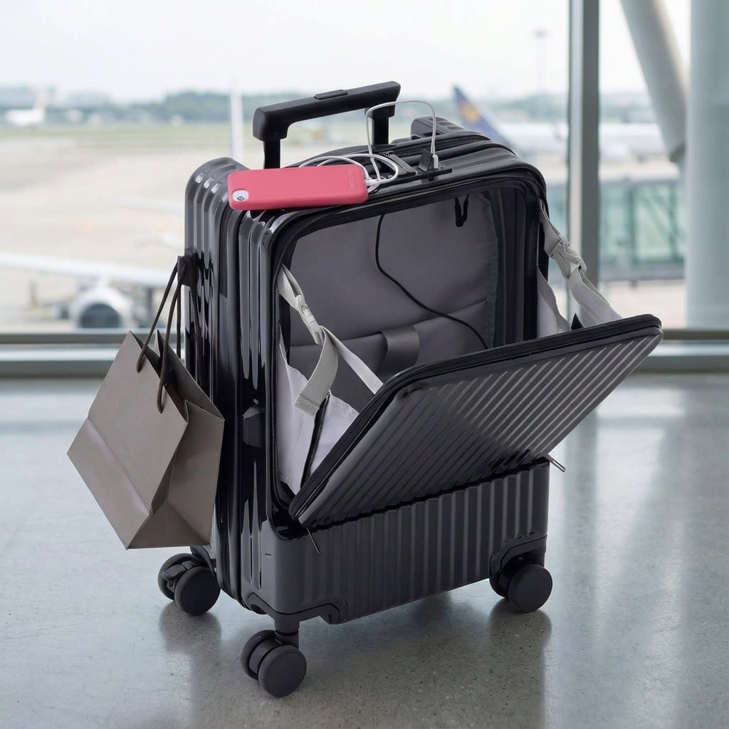 Smart front-opening carry-on suitcase with USB charger & wheels, ideal for organized business travel.