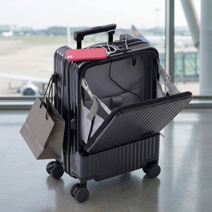 Smart front-opening carry-on suitcase with USB charger & wheels, ideal for organized business travel.