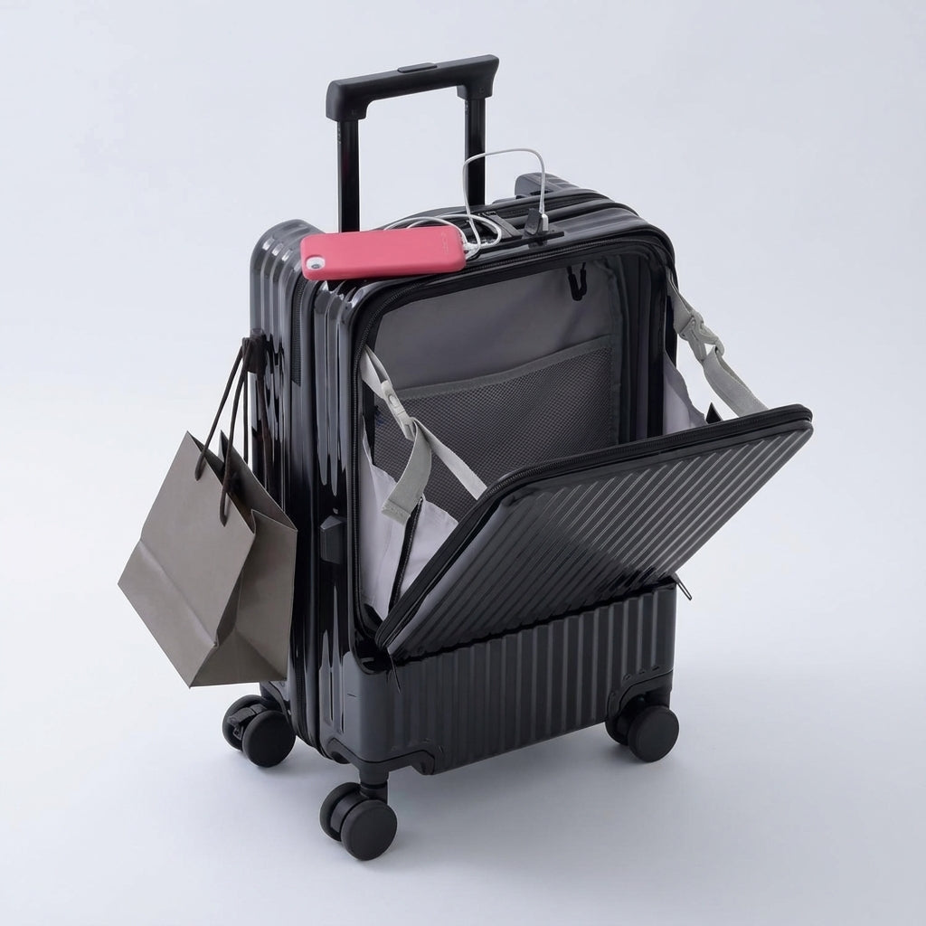 CarryNex front-opening carry-on luggage, a smart wheeled cabin bag for easy travel & quick access.