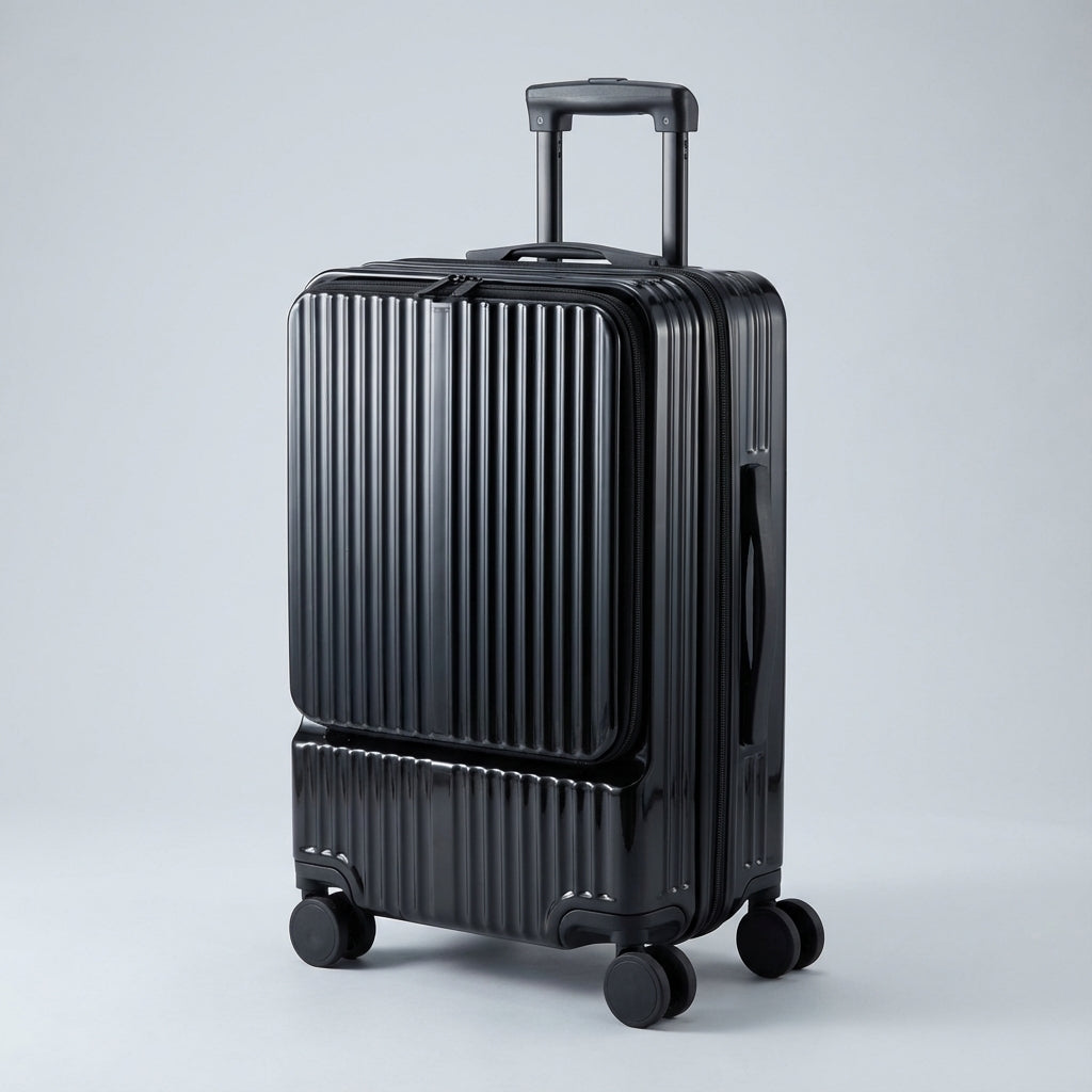 Premium front-opening carry-on suitcase (CarryNex) with USB charger, perfect for organized business trips.