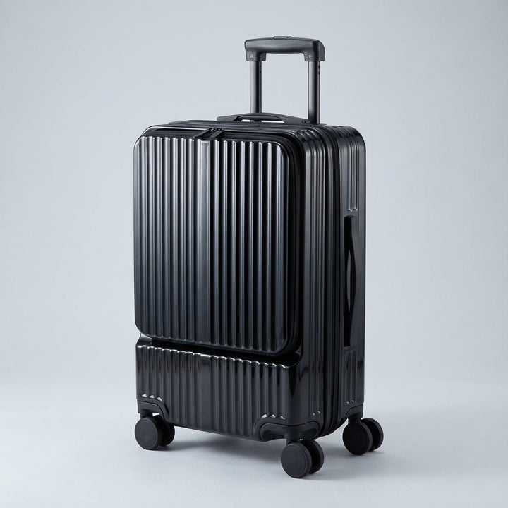 Premium front-opening carry-on suitcase (CarryNex) with USB charger, perfect for organized business trips.