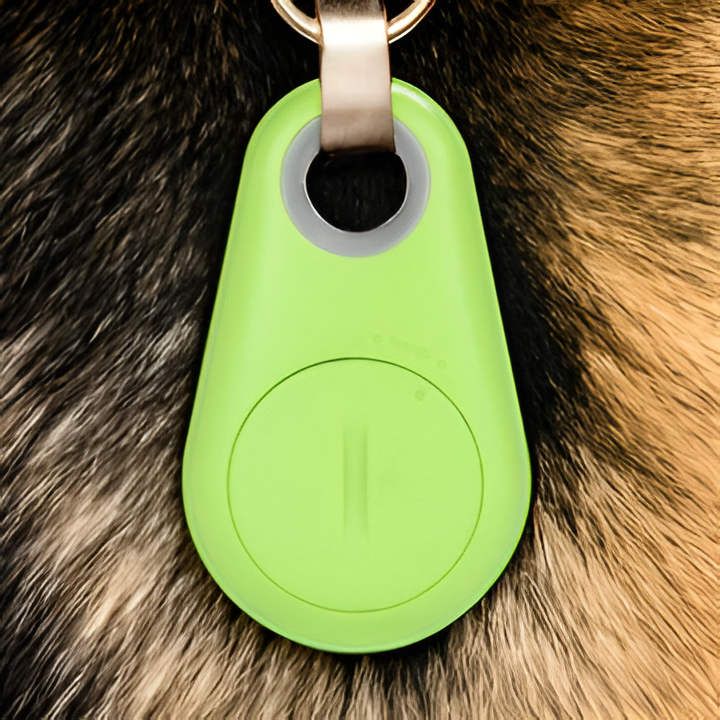 Pet's smart GPS tracker, waterproof design, perfect for dog collars and cat accessories, Bluetooth enabled.