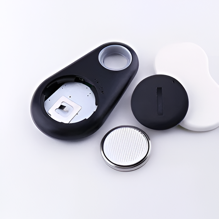 Smart pet GPS tracker, waterproof & Bluetooth enabled, securely attached to a dog's collar for anti-lost protection.