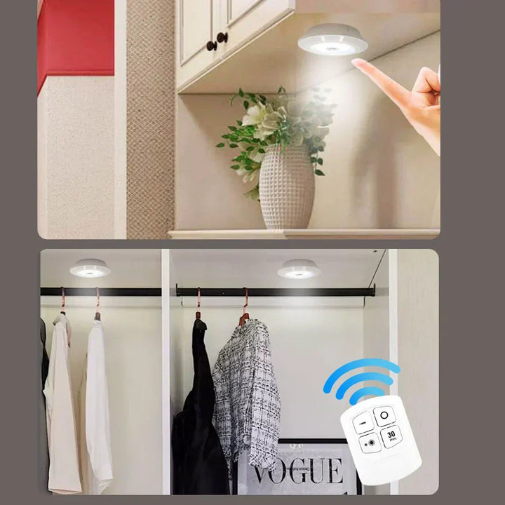 Wireless battery-operated smart LED lights, ideal for under cabinet & closet. Auto-off feature.