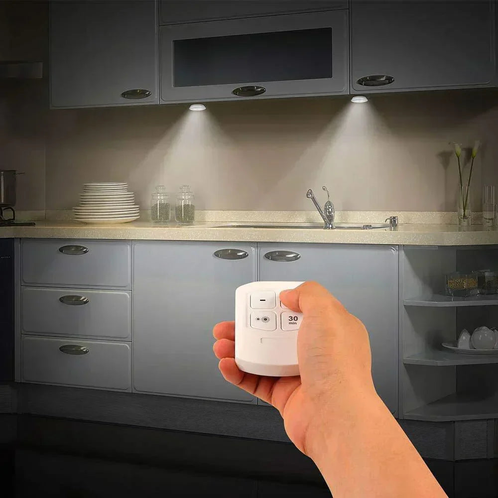 Wireless battery-operated smart LED lights for cabinets & closets, auto-off, modern home lighting.