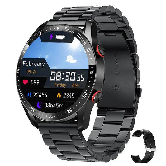 "Smartwatch elegante, monitoraggio zucchero senza aghi, cinturino nero, resistenza IP67, tecnologia salute."