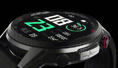 "Smartwatch elegante, monitoraggio zucchero senza aghi, cinturino nero, resistenza IP67, tecnologia salute."
