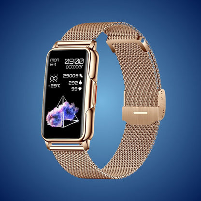 "Smartwatch elegante unisex, quadrante oro o nero, cinturino raffinato. Tracciamento salute avanzato e design resistente."