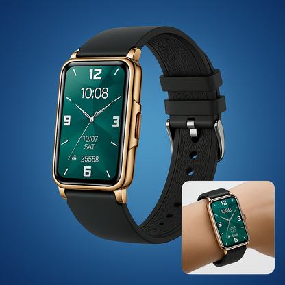 "Smartwatch elegante unisex, quadrante oro o nero, cinturino raffinato. Tracciamento salute avanzato e design resistente."