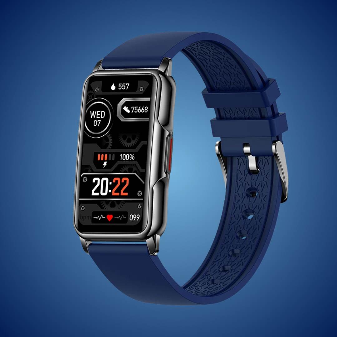 "Smartwatch elegante unisex, quadrante oro o nero, cinturino raffinato. Tracciamento salute avanzato e design resistente."
