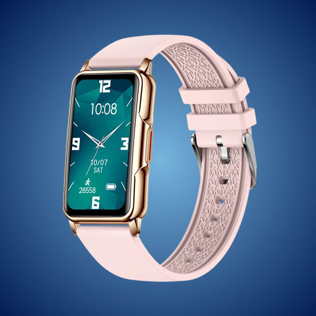 "Smartwatch elegante unisex, quadrante oro o nero, cinturino raffinato. Tracciamento salute avanzato e design resistente."