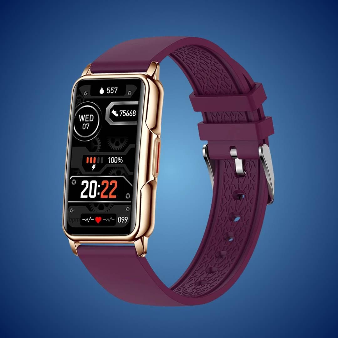 "Smartwatch elegante unisex, quadrante oro o nero, cinturino raffinato. Tracciamento salute avanzato e design resistente."