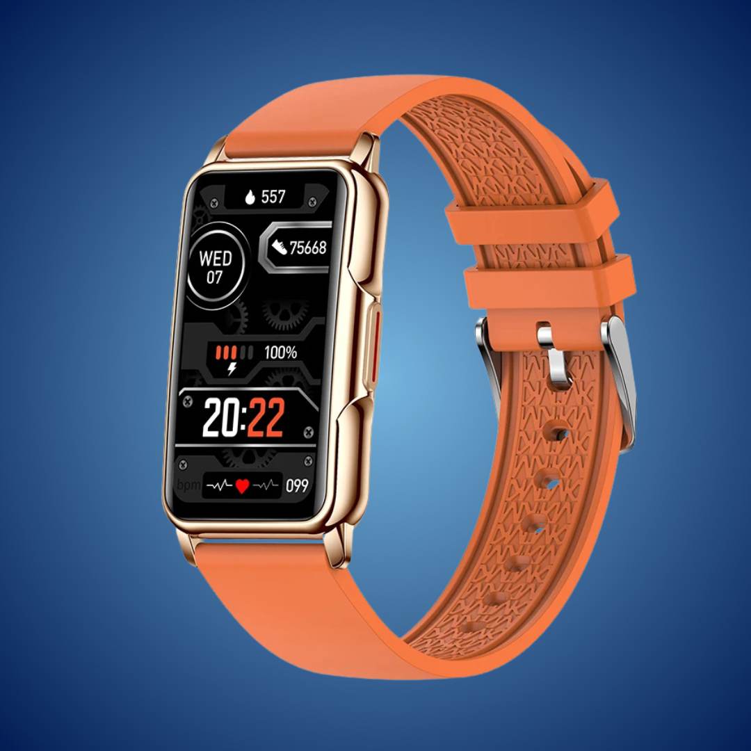"Smartwatch elegante unisex, quadrante oro o nero, cinturino raffinato. Tracciamento salute avanzato e design resistente."