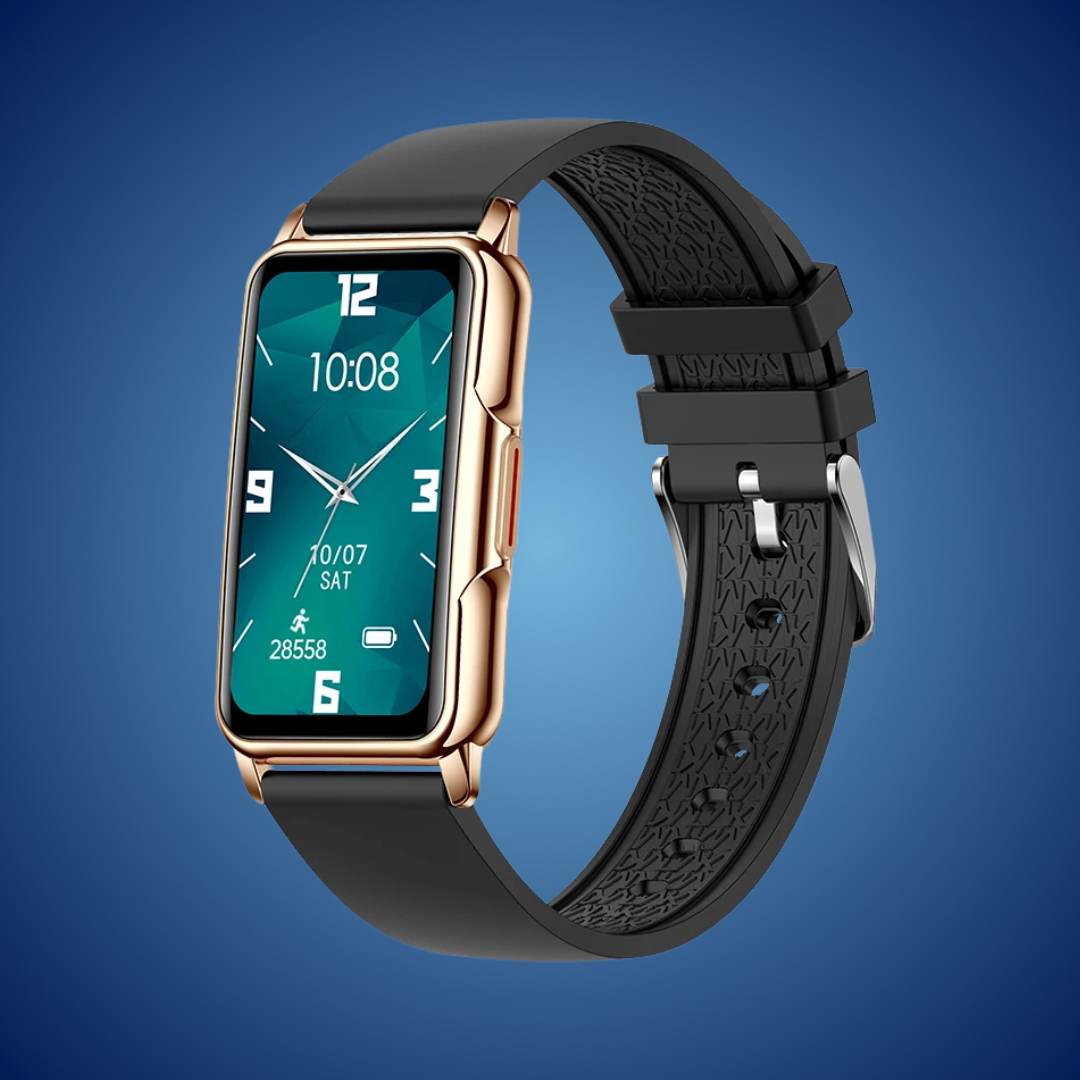 "Smartwatch elegante unisex, quadrante oro o nero, cinturino raffinato. Tracciamento salute avanzato e design resistente."