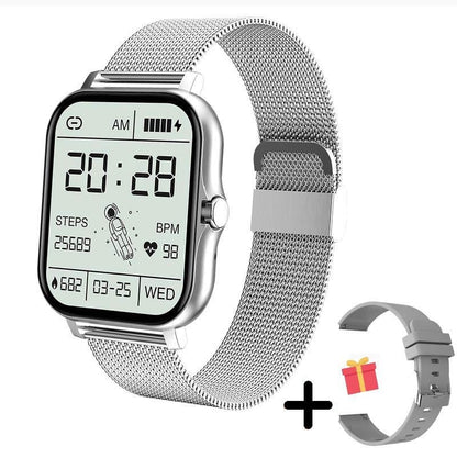 Smartwatch impermeabile con cinturino nero, display digitale luminoso e connessione Bluetooth per fitness e moda.
