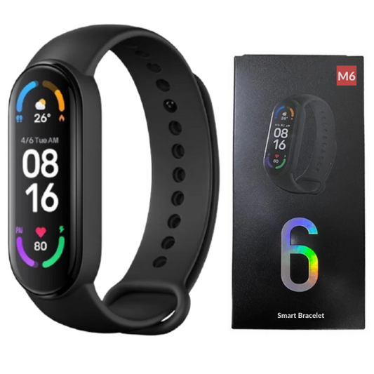 Smartwatch M6 elegante con display Retina, monitoraggio salute e fitness, cinturino nero opaco, perfetto per uso quotidiano.