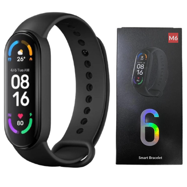 Smartwatch M6 elegante con display Retina, monitoraggio salute e fitness, cinturino nero opaco, perfetto per uso quotidiano.