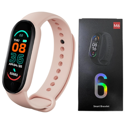 Smartwatch M6 elegante con display Retina, monitoraggio salute e fitness, cinturino nero opaco, perfetto per uso quotidiano.