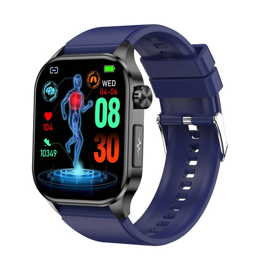 Smartwatch moderno con touchscreen HD, funzioni EKG e pressione sanguigna, compatibile iOS e Android, design elegante.