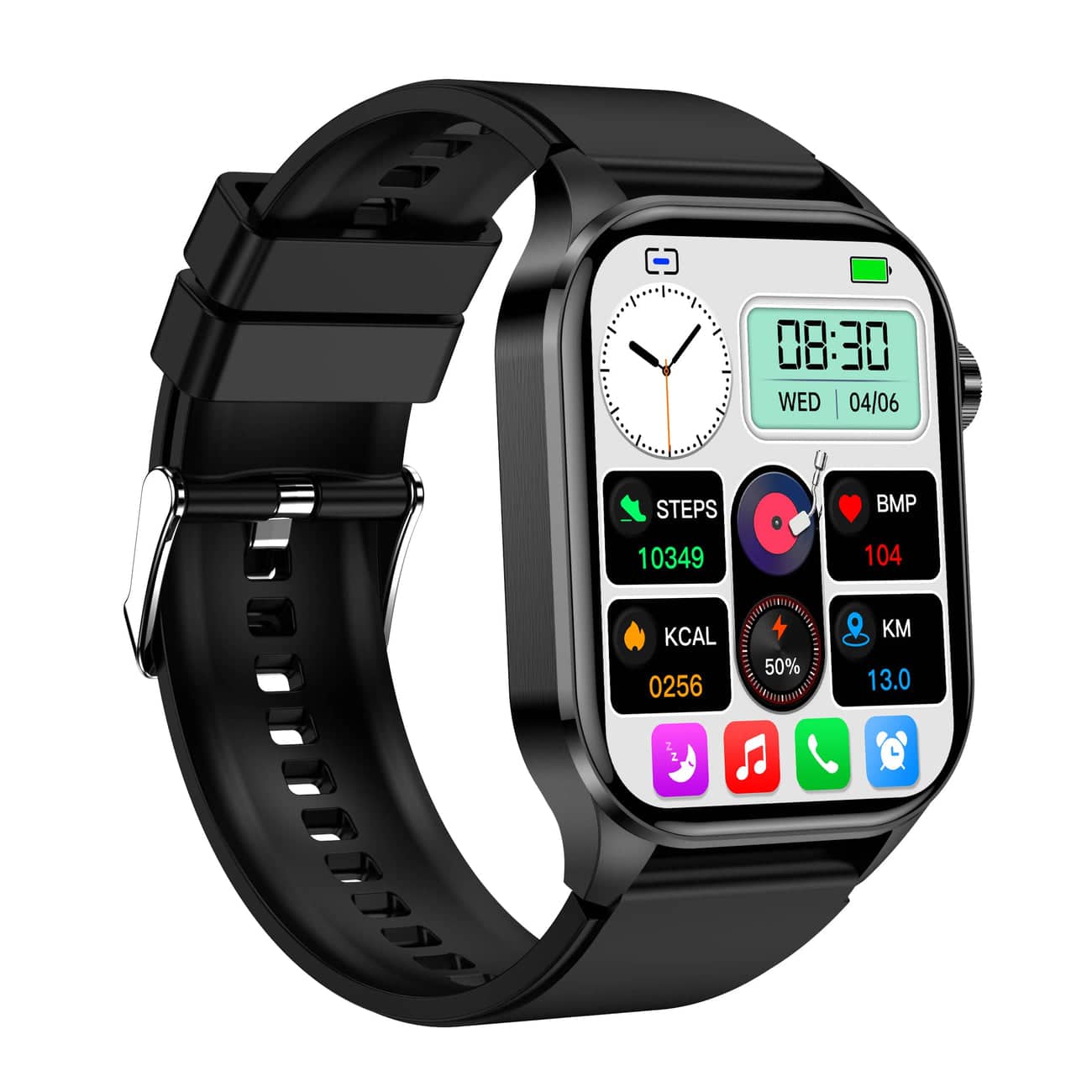 Smartwatch moderno con touchscreen HD, funzioni EKG e pressione sanguigna, compatibile iOS e Android, design elegante.