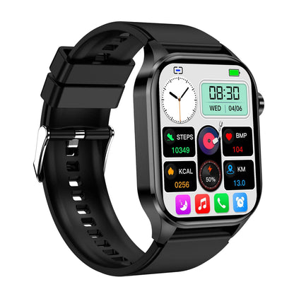Smartwatch moderno con touchscreen HD, funzioni EKG e pressione sanguigna, compatibile iOS e Android, design elegante.