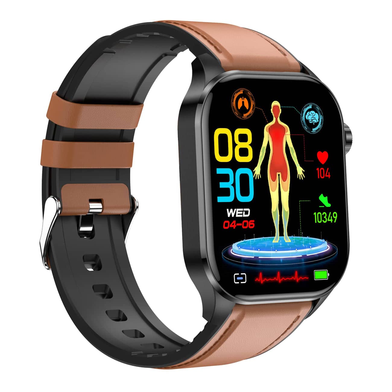 Smartwatch moderno con touchscreen HD, funzioni EKG e pressione sanguigna, compatibile iOS e Android, design elegante.