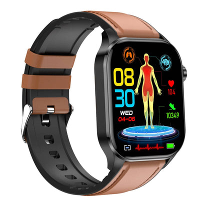 Smartwatch moderno con touchscreen HD, funzioni EKG e pressione sanguigna, compatibile iOS e Android, design elegante.