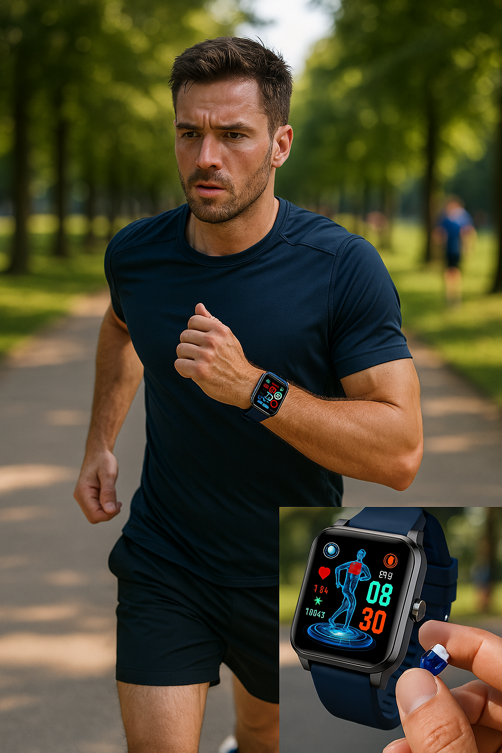 Smartwatch moderno con touchscreen HD, funzioni EKG e pressione sanguigna, compatibile iOS e Android, design elegante.