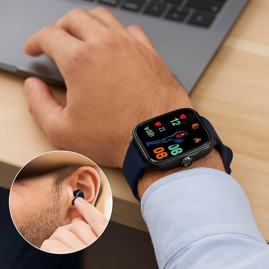 Smartwatch moderno con touchscreen HD, funzioni EKG e pressione sanguigna, compatibile iOS e Android, design elegante.