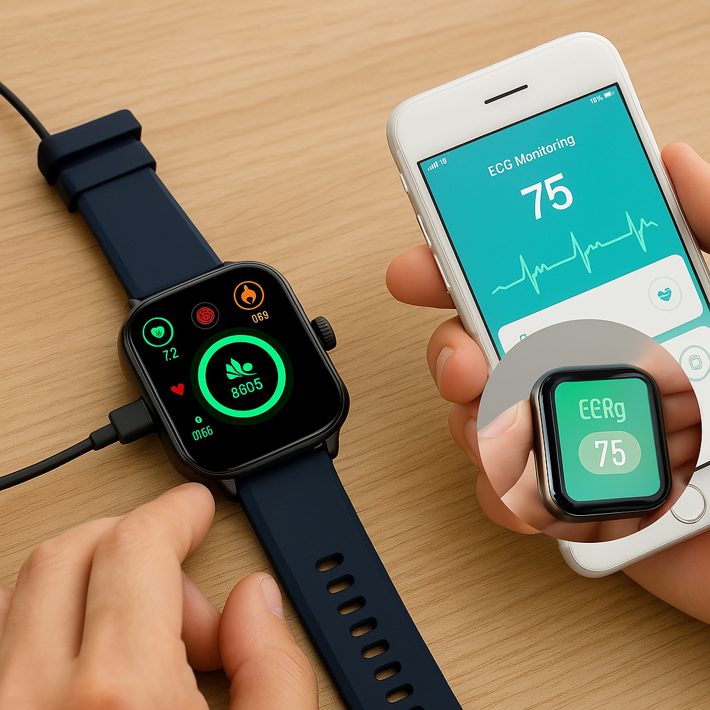 Smartwatch moderno con touchscreen HD, funzioni EKG e pressione sanguigna, compatibile iOS e Android, design elegante.