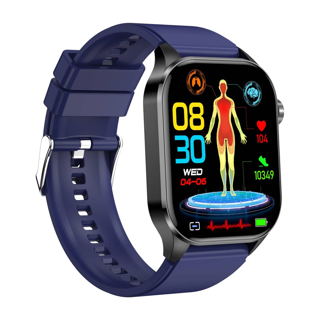 Smartwatch moderno con touchscreen HD, funzioni EKG e pressione sanguigna, compatibile iOS e Android, design elegante.