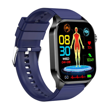 Smartwatch moderno con touchscreen HD, funzioni EKG e pressione sanguigna, compatibile iOS e Android, design elegante.