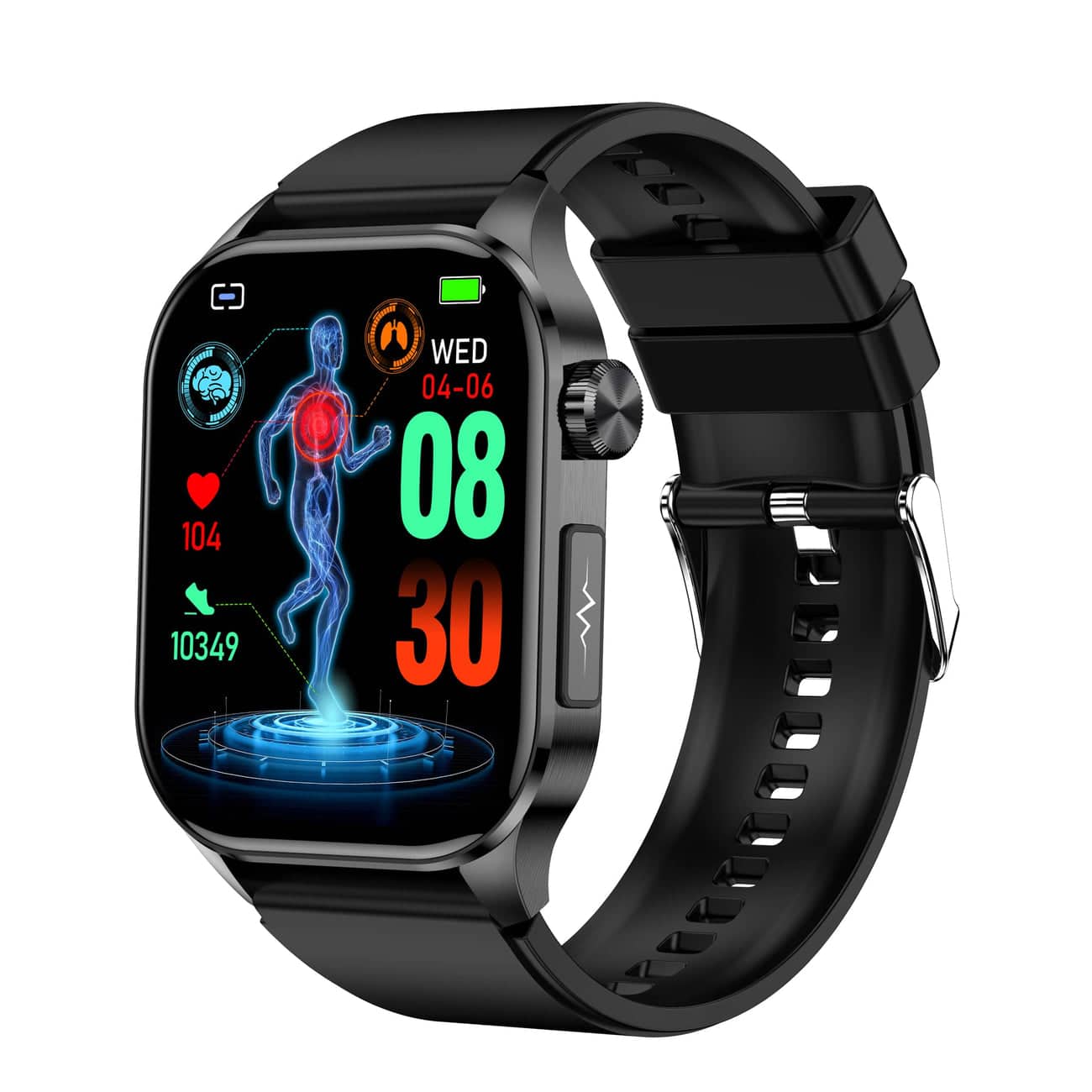 Smartwatch moderno con touchscreen HD, funzioni EKG e pressione sanguigna, compatibile iOS e Android, design elegante.