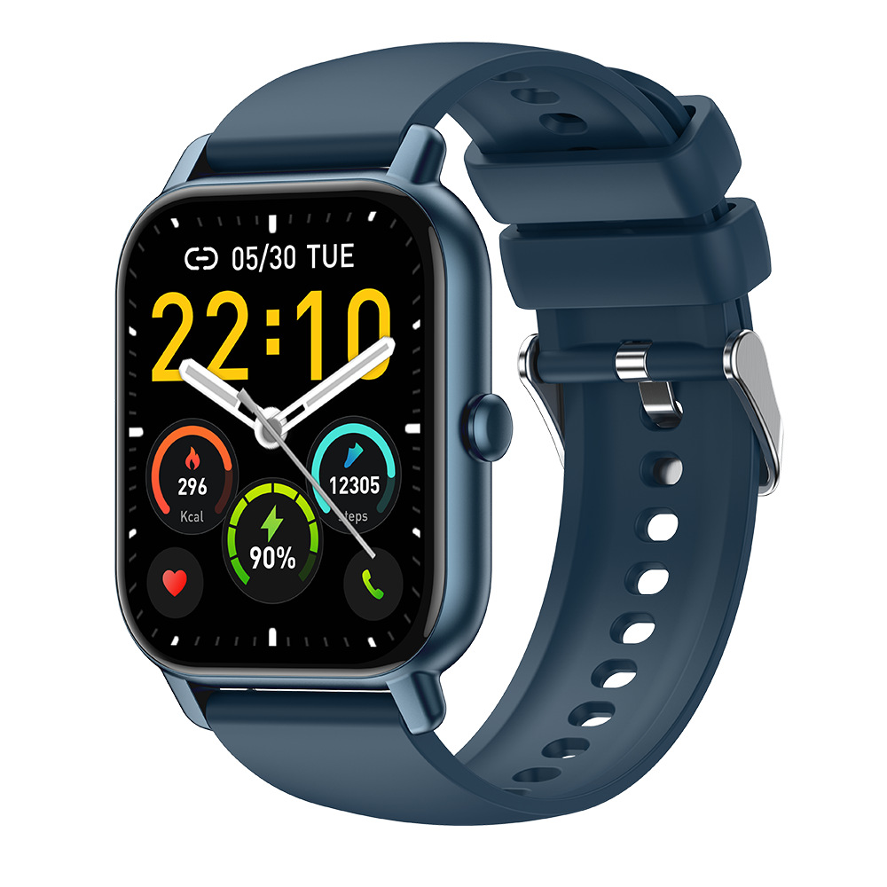 Smartwatch unisex con display rettangolare, cinturino nero, interfaccia digitale e funzione di monitoraggio salute.