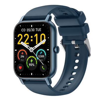 Smartwatch unisex con display rettangolare, cinturino nero, interfaccia digitale e funzione di monitoraggio salute.