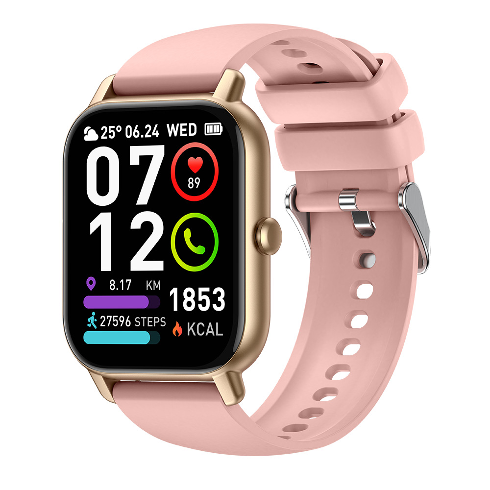 Smartwatch unisex con display rettangolare, cinturino nero, interfaccia digitale e funzione di monitoraggio salute.